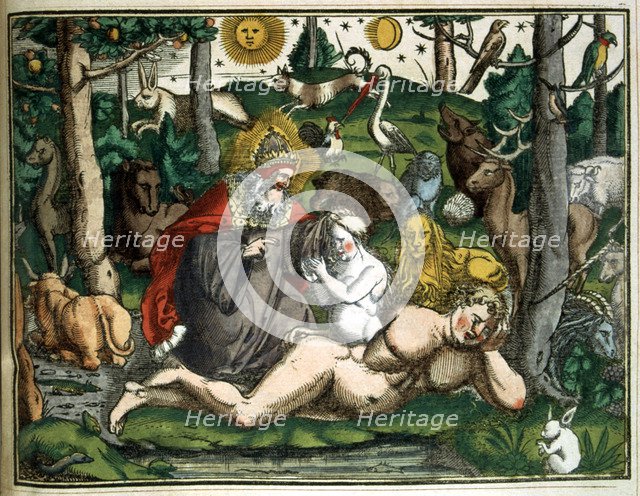 Engraving of 'Historiae Animalium' year 1551 with Adam and Eve in Paradise.