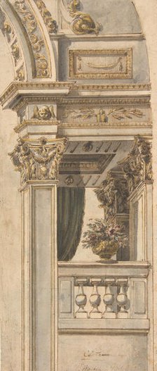 Design for Part of a Wall Elevation with a Balcony flanking an Arch, . Creator: Attributed to Faustino Trebbi (.
