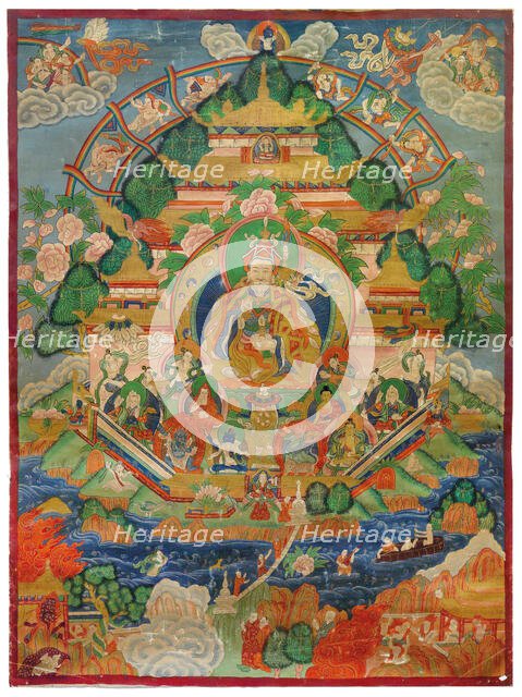 Padmasambhava in the Copper Mountain Paradise, 19th century. Creator: Tibetan Culture.