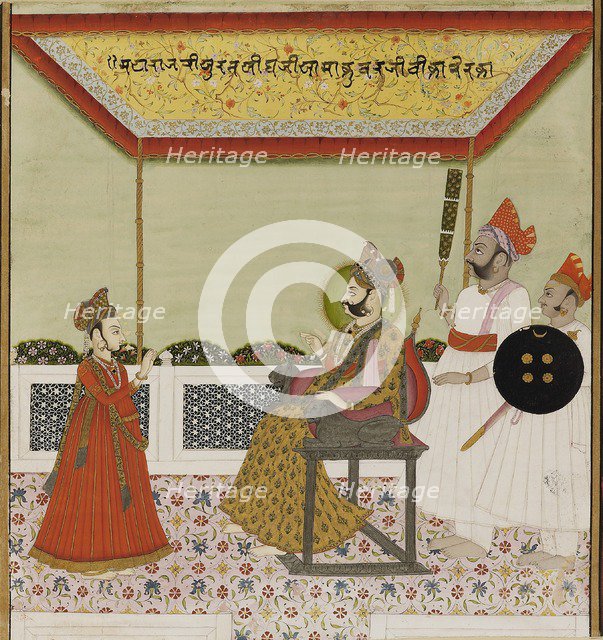 Surat Singh sits on a lion-armed throne and receives his young son, c1800. Artist: Unknown.