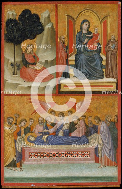 Saint John on Patmos, Madonna and Child Enthroned, and Death of the Virgin; The Crucifixion. Creator: Pacino di Bonaguida.