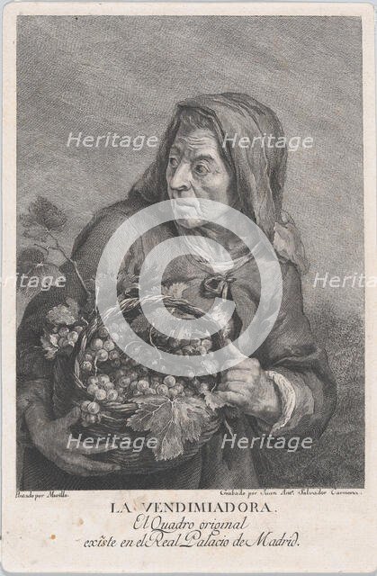 The grape-picker, and elderly woman holding a basket of grapes, after Murillo, ca. 1780-1805. Creator: Juan Antonio Salvador Carmona.