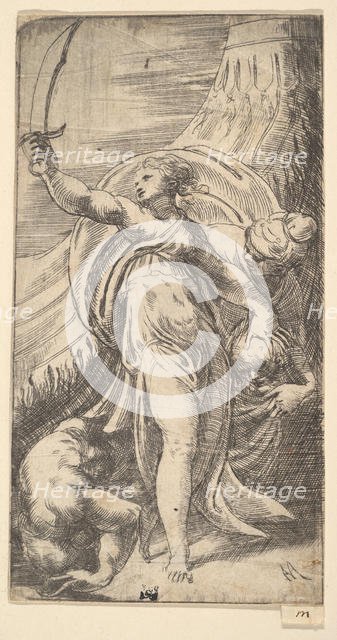 Judith her sword raised in her right hand, placing the head of Holofernes in the sa..., ca. 1542-45. Creator: Andrea Schiavone.