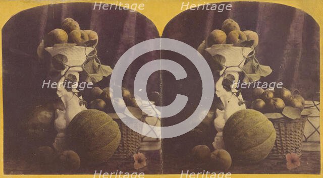 Basket and vase filled with fruit, cantalope at base, about 1865. Creator: Unknown.