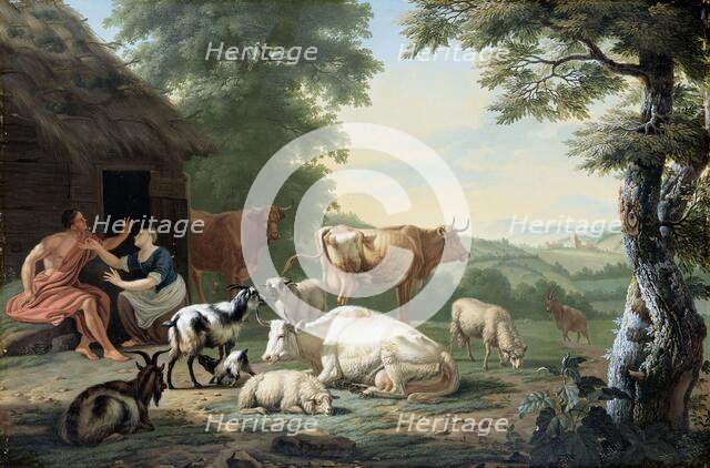Arcadian Landscape with Shepherds and Cattle, 1710-1763. Creator: Jan van Gool.