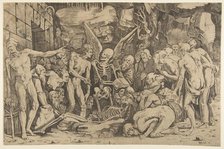 The Skeletons, a group of emaciated men and women gathered around a skeleton laid on th..., 1515-27. Creator: Marco Dente.