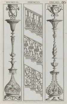 Candelabra Designs and Stair Railing Designs, nos. CCCXCV-CCCXCVII and 398-400 ("..., April 1, 1792. Creator: Michelangelo Pergolesi.