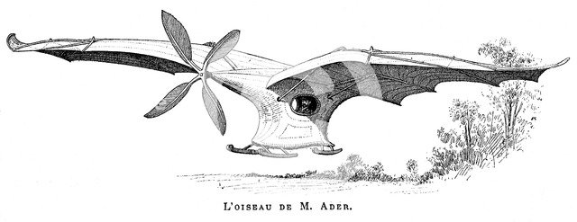 Clement Ader's flying bird 'Eole', the first piloted plane to take off under its own steam, 1890. Artist: Unknown