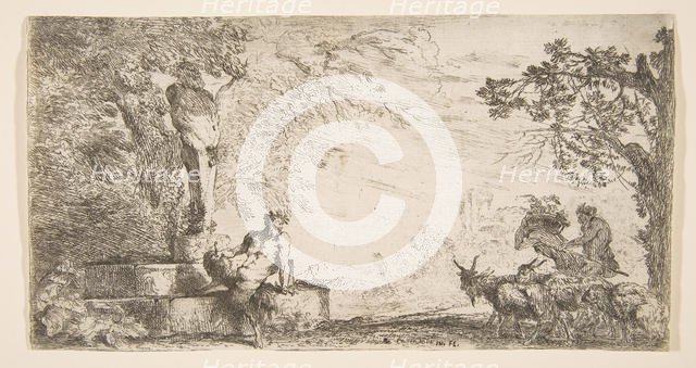 A satyr reclining at the foot of a staute of Priapus, goats at the right, ca. 1645-48. Creator: Giovanni Benedetto Castiglione.