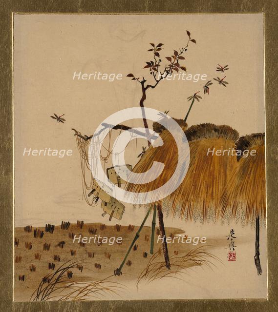 Lacquer Paintings of Various Subjects: Stack of Rice and Dragonflies, 1882. Creator: Shibata Zeshin.