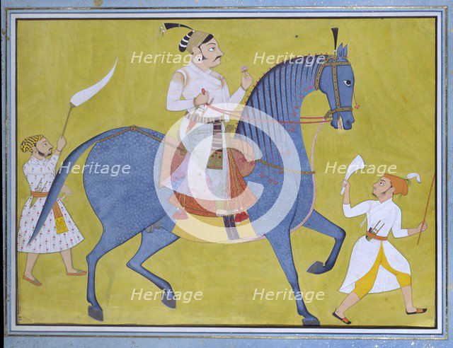Maharaja Pratap Singh of Sawar riding, with two attendants on foot, c1700. Artist: Unknown.