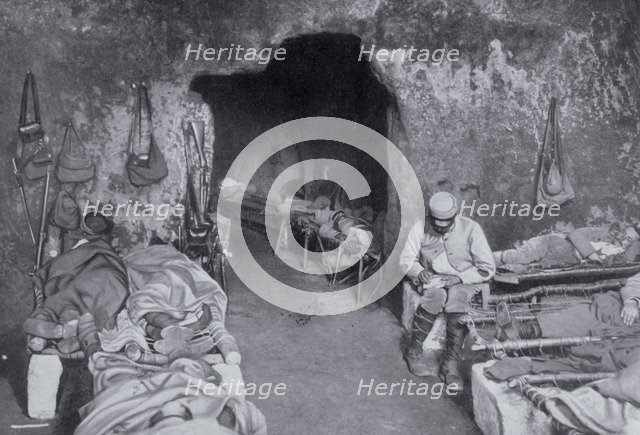 Living quarters in a French cave, World War I, 1915. Artist: Unknown