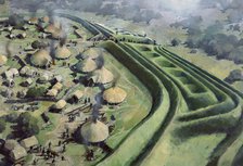 Aerial view of entrance to Old Oswestry Hill Fort during the Iron Age, (c1970-2010) Artist: Ivan Lapper.
