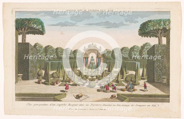 View of a park with trees, hedges and lawns where orange trees are planted in the summer, 1700-1799. Creator: Anon.