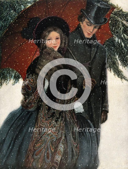 An elegantly dressed couple walk arm in arm under an umbrella, 1905. Creator: Unknown.