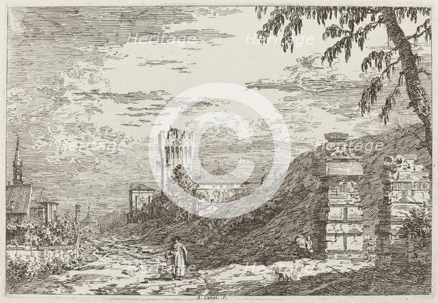 Landscape with Tower and Two Ruined Pillars [left], c. 1735/1746. Creator: Canaletto.