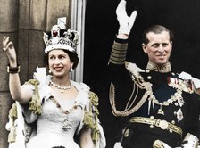 Queen Elizabeth II and the Duke of Edinburgh on their coronation day, Buckingham Palace, 1953. Artist: Unknown.