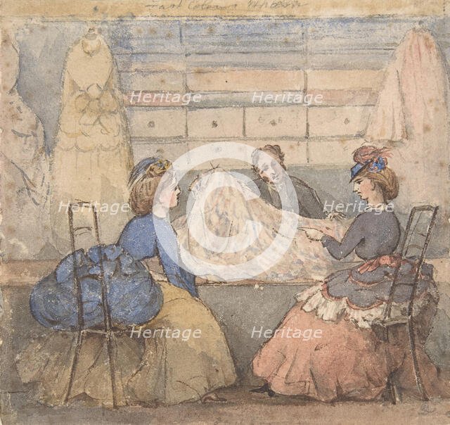 Two Women Looking at Fabric in a Shop, 19th century. Creator: Anon.