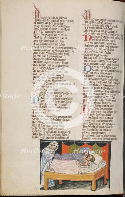 Elisha Raising a Woman's Dead Child; Weltchronik, about 1400-1410. Creator: Unknown.