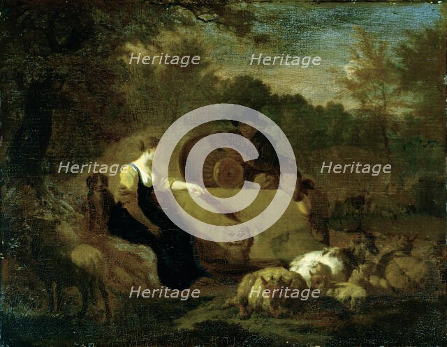 Shepherd and Shepherdess with their Flock at a Well, 1668. Creator: Adriaen van de Velde.