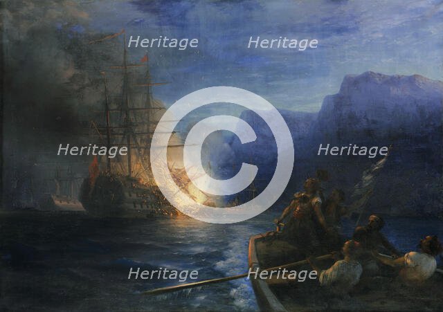 The Burning of the Ottoman flagship off Chios by Konstantinos Kanaris , 1881. Creator: Aivazovsky, Ivan Konstantinovich (1817-1900).