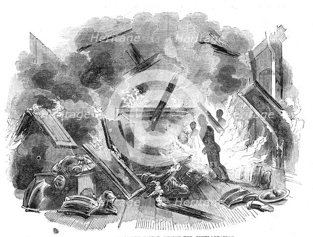 Interior of Naworth Castle, during the conflagration, 1844. Creator: Unknown.