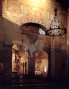 Interior of the Church of San Julián or Santullano de los Prados with painting remains, founded b…