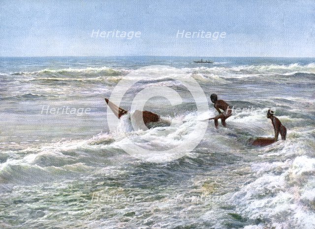 Launching a catamaran off the coast of Madras, India, early 20th century. Artist: Unknown