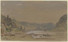 View of Sankt Goarshausen with Maus Castle, the Lorelei Rock in the background, 1853. Creator: Carl Morgenstern.