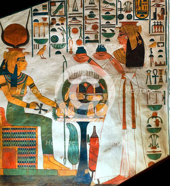 Queen Nefertari presenting offerings to the goddess Hathor, ca 1298-1235 BC. Creator: Ancient Egypt.