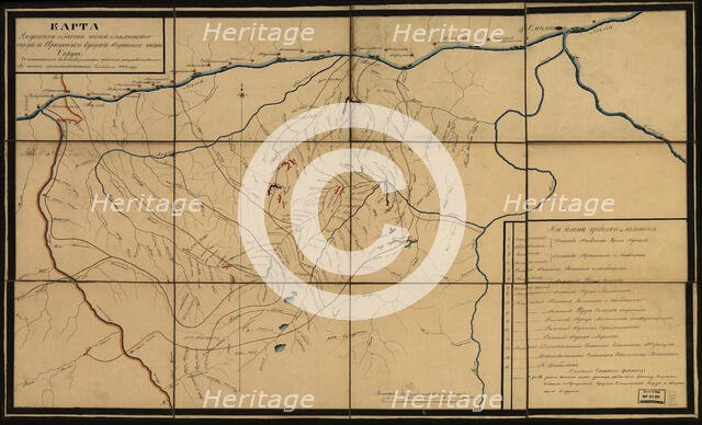 Map showing gold-mining concessions along rivers in the Olekminsk region, Siberia, Russia, 1853.  Creator: Unknown.