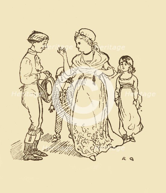 Mrs Gilpin pays the postboy to find her husband, 1878, (c1918). Creator: Randolph Caldecott.