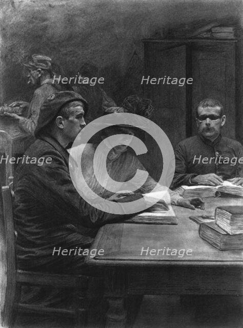 'La lecon de braille. On saitque le systeme d'ecriture, en points saillants, imagine..., c1916. Creator: J Simont.