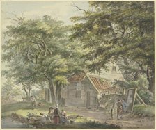 Farmhouse under trees, a man with a wheelbarrow on the left. Creator: Hermanus van Brussel.