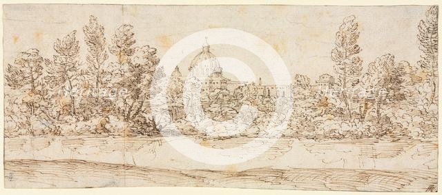 River Landscape with View of St. Peter's Basilica, after 1660. Creator: Giovanni Francesco Grimaldi (Italian, 1606-1680), circle of.