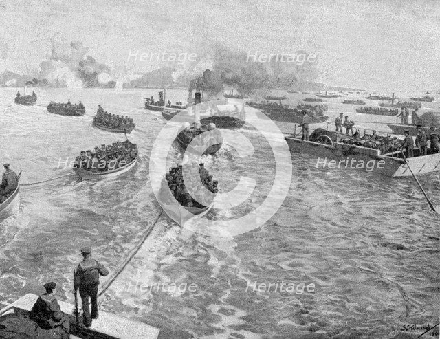 Japanese naval brigade landing under fire at Pitsewo, Russo-Japanese War, 1904-5. Artist: Unknown