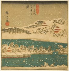 Shinobazu Pond in Falling Snow (Shinobazu ike setchu no zu), section of a sheet from the..., 1840s. Creator: Ando Hiroshige.
