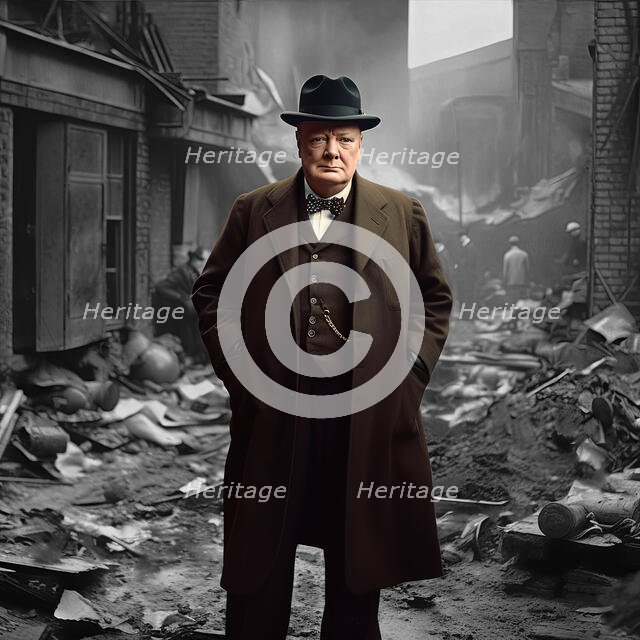 AI IMAGE - Portrait of Sir Winston Churchill standing in bomb-damaged London street, 1940s, (2023). Creator: Heritage Images.