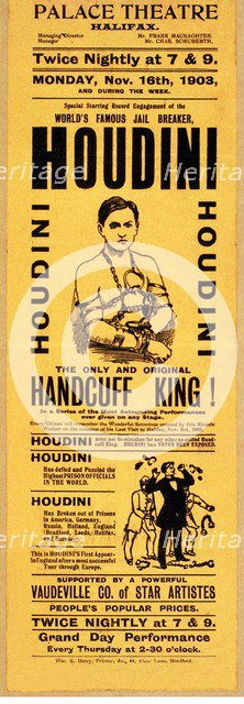 Playbill for appearance by Houdini at Palace Theatre, Halifax,pub. 1903 (lithograph)