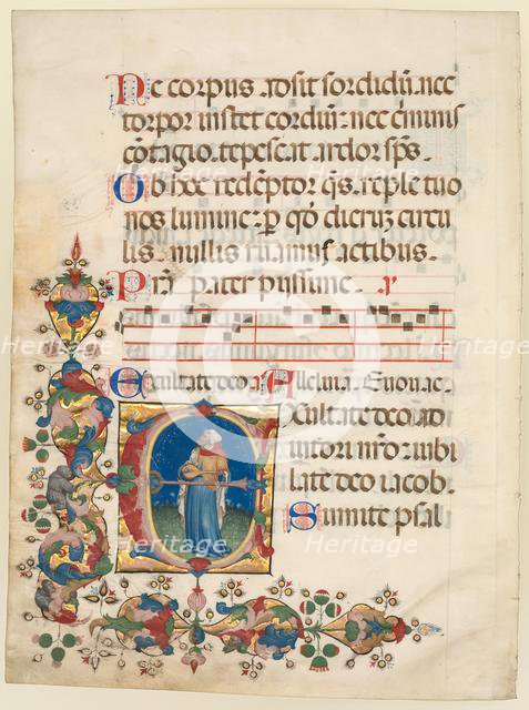 Single Leaf Excised from a Choir Psalter: Initial E[xultate Deo] with King David Playing…, c 1408. Creator: Unknown.
