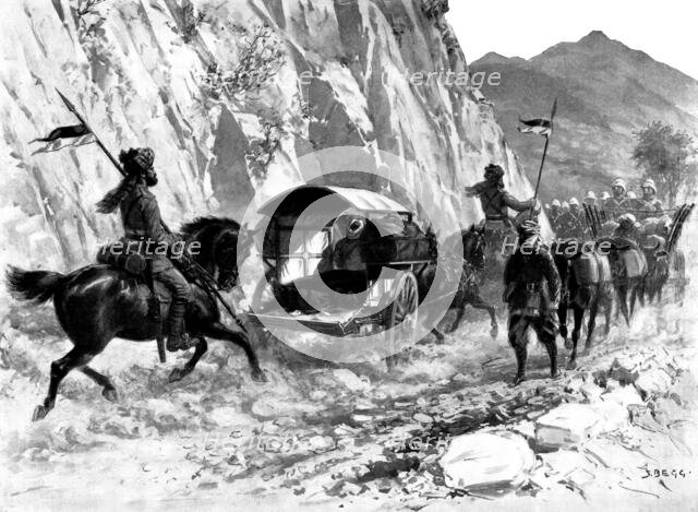 "Pro Gloria Patriae": bodies of officers killed in the Indian Frontier Campaign..., 1898. Creator: Samuel Begg.