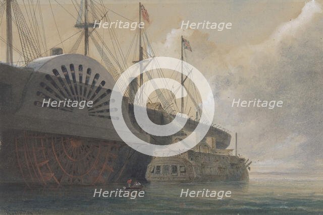 The Old Frigate Iris with Her Freight of Cable Alongside the Great Eastern at Sheerness.., 1865. Creator: Robert Charles Dudley.