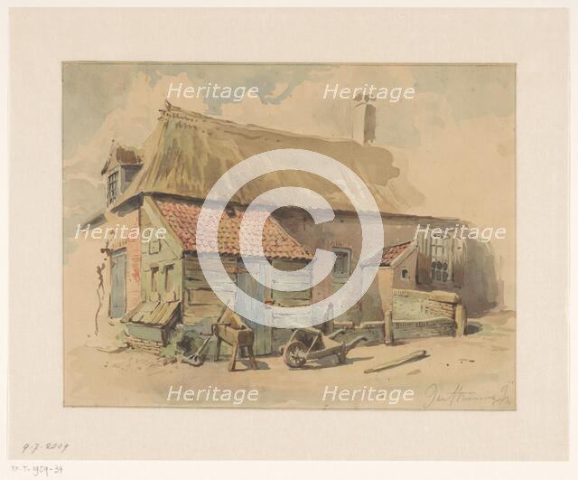 Farmhouse with wooden extension, wheelbarrow and grinding stone, 1837-1903. Creator: Jan Striening.
