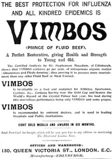 Advertisement for Vimbos (Prince of Fluid Beef), 1898. Creator: Unknown.