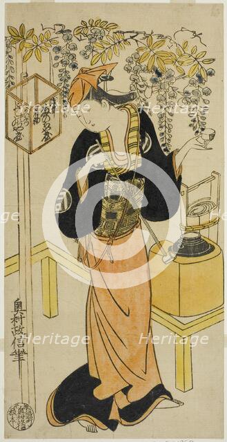 The Actor Sanogawa Mangiku I as Ohatsu in the play "Sogazaki Shinju," performed at the..., 1719. Creator: Okumura Masanobu.