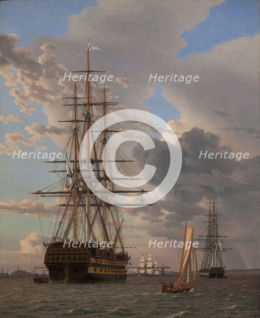 The Russian Ship of the Line Azov and a Frigate at Anchor in the Roads of Elsinore, 1828. Artist: Eckersberg, Christoffer-Wilhelm (1783-1853)