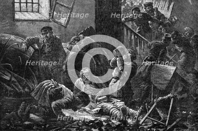 Ill-treatment of the Jews in Russia: plundering a brandy shop at Kiev, 1881. Creator: Unknown.