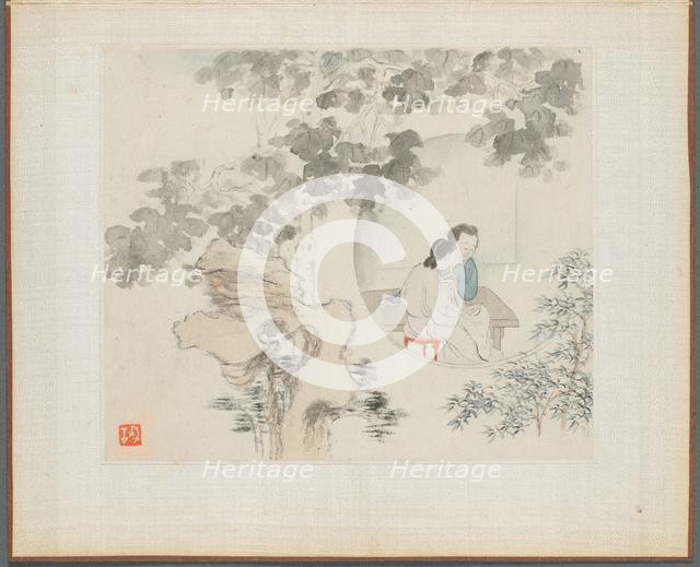 Album of Landscape Paintings Illustrating Old Poems: Two Women Sit at a Table..., 1700s. Creator: Hua Yan (Chinese, 1682-about 1765).