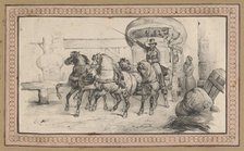 Five horses pulling a carriage with passengers, mid-19th century. Creator: Victor Adam.