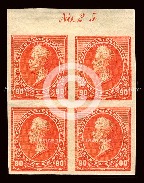 90c Commodore Oliver Hazard Perry proof plate block of four, February 22, 1890. Creator: American Bank Note Company.